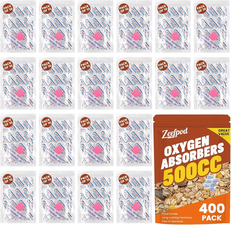 Zeefpod 400 Count 500cc Oxygen Absorbers, 10 Individually Vacuum Sealed Packs with Oxygen Indicator, Mylar Bag Food Storage, Canning Jars, Freeze Dryer Storage, Dehydrated and Preserved Foods - Image 1